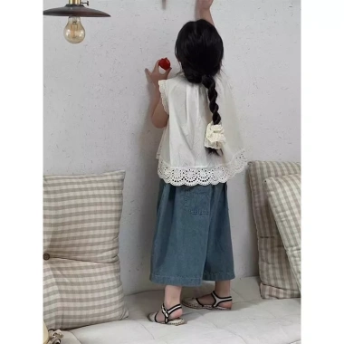Bộ đồ Vest ren bé gái mùa hè phong cách Hàn Quốc, áo sơ mi + quần jean rộng, giảm giá, chỉ 194.148đ 5