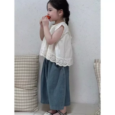 Bộ đồ Vest ren bé gái mùa hè phong cách Hàn Quốc, áo sơ mi + quần jean rộng, giảm giá, chỉ 194.148đ 6