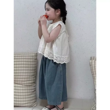 Bộ đồ Vest ren bé gái mùa hè phong cách Hàn Quốc, áo sơ mi + quần jean rộng, giảm giá, chỉ 194.148đ 9