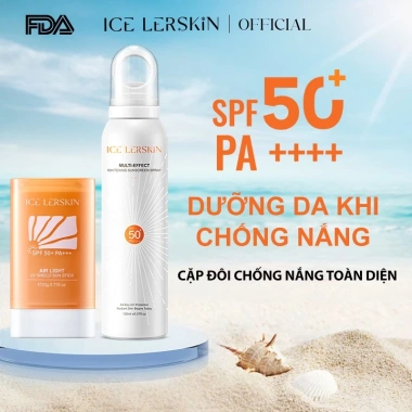 Bộ Đôi ICE LERSKIN Double UV Protection: Sun Stick dạng thỏi Air Light cho trẻ em chống thấm nước + Xịt đa năng Whitening, phù hợp mọi da - Giá chỉ 269.000₫