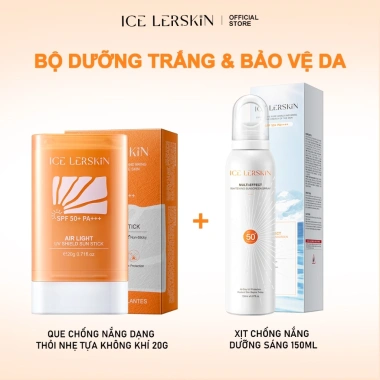Bộ Đôi ICE LERSKIN Double UV Protection: Sun Stick dạng thỏi Air Light cho trẻ em chống thấm nước + Xịt đa năng Whitening, phù hợp mọi da - Giá chỉ 269.000₫