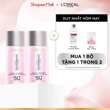 Bộ đôi sữa chống nắng L'Oreal Paris Glycolic Bright 50ml SPF50+ PA++++ - Dưỡng sáng, mờ thâm nám, bảo vệ da rộng, giảm giá 658.000₫ Bộ đôi sữa chống nắng L'Oreal Paris Glycolic Bright 50ml SPF50+ PA++++ - Dưỡng sáng, mờ thâm nám, bảo vệ da rộng, giảm giá 658.000₫