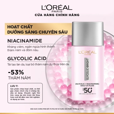 Bộ đôi sữa chống nắng L'Oreal Paris Glycolic Bright 50ml SPF50+ PA++++ - Dưỡng sáng, mờ thâm nám, bảo vệ da rộng, giảm giá 658.000₫ 7 Bộ đôi sữa chống nắng L'Oreal Paris Glycolic Bright 50ml SPF50+ PA++++ - Dưỡng sáng, mờ thâm nám, bảo vệ da rộng, giảm giá 658.000₫ 7