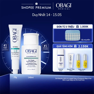 Bộ đôi Toner BHA Obagi Clenziderm 148ml + Kem 360 Retinol 1.0 28g - Giảm mụn, chống lão hóa