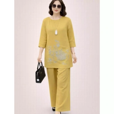 Bộ Đũi Trung Niên Thanh Lịch Sang Trọng, Tay Lỡ Quần Suông, Đồ Bộ Nữ Mặc Nhà - Giá 271k