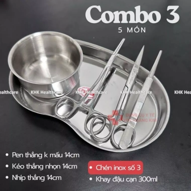 Bộ dụng cụ inox sơ cứu rửa vết thương – Khay đậu 300, pen 14, nhíp 14, kéo 14 | Giá ưu đãi 133.800₫