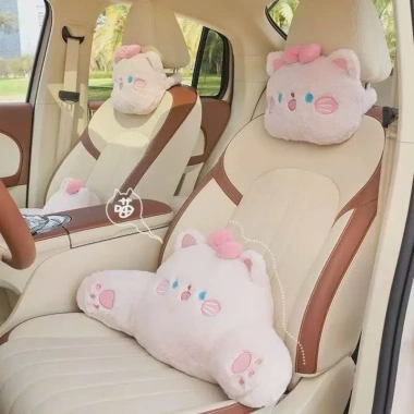 Bộ Gối Tựa Cổ Ô Tô Hình Mèo Hồng Đeo Nơ Nhung Mềm Mịn - Giá ưu đãi 139k