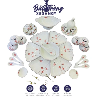 Bộ Hoa Mặt Trời Bày Mâm Cúng Gia Tiên Hoạ Tiết Đào Đỏ Men Kem 2 Size Gốm Sứ Bát Tràng Giá 750.000