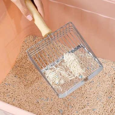 Bộ hốt cát mèo 3 món, lưới kép 3mm/10mm, hốt sạch không mùi, kim loại + hộp + giá treo