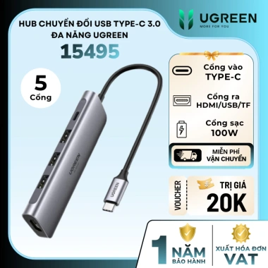 Bộ Hub 5 cổng Type-C Ugreen 15.495 - HDMI 4K@30Hz, USB 3.0, Sạc nhanh PD 100W, BH 24 tháng