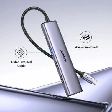 Bộ Hub 5 cổng Type-C Ugreen 15.495 - HDMI 4K@30Hz, USB 3.0, Sạc nhanh PD 100W, BH 24 tháng