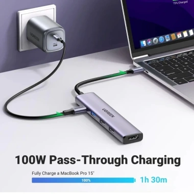 Bộ Hub 5 cổng Type-C Ugreen 15.495 - HDMI 4K@30Hz, USB 3.0, Sạc nhanh PD 100W, BH 24 tháng