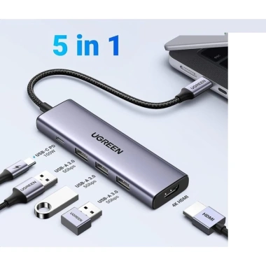 Bộ Hub 5 cổng Type-C Ugreen 15.495 - HDMI 4K@30Hz, USB 3.0, Sạc nhanh PD 100W, BH 24 tháng