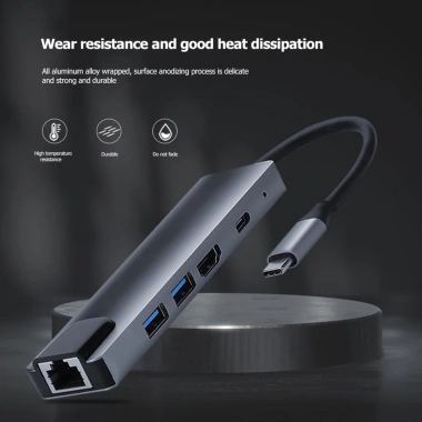 Bộ Hub 5 trong 1 Type-C RJ45 PD 65W HDMI 4K USB3.0 cho Laptop - Giá 1.059.000₫