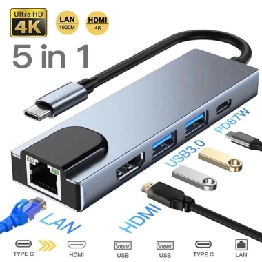 Bộ HUB Type C 5 trong 1 - HDMI 4K, USB 3.0, RJ45 LAN, vỏ nhôm - Giá ưu đãi 95.000₫