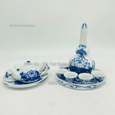 Bộ Khay nậm rượu RỒNG hoặc SEN cúng thắp hương men lam - khay tròn + nậm + 6 chén, giá ưu đãi 150.000 VND