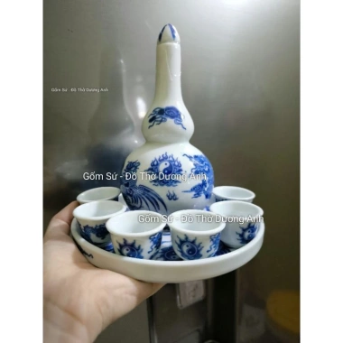 Bộ Khay nậm rượu RỒNG hoặc SEN cúng thắp hương men lam - khay tròn + nậm + 6 chén, giá ưu đãi 150.000 VND