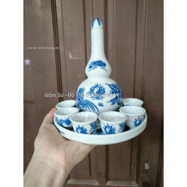 Bộ Khay nậm rượu RỒNG hoặc SEN cúng thắp hương men lam - khay tròn + nậm + 6 chén, giá ưu đãi 150.000 VND