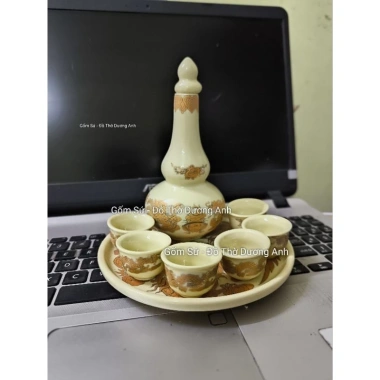 Bộ Khay nậm rượu RỒNG hoặc SEN cúng thắp hương men lam - khay tròn + nậm + 6 chén, giá ưu đãi 150.000 VND