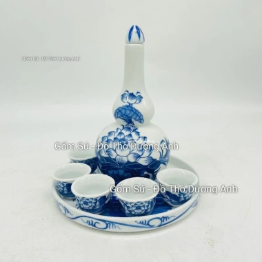 Bộ Khay nậm rượu RỒNG hoặc SEN cúng thắp hương men lam - khay tròn + nậm + 6 chén, giá ưu đãi 150.000 VND