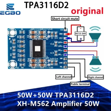 Bộ khuếch đại kỹ thuật số D Class 2 kênh 50W+50W DC 12-24V TPA3.116D2 XH-M562