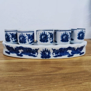 Bộ kỷ cong 5 chén Bát Tràng men lam họa rồng sen chén nước thờ cúng chỉ 50.000