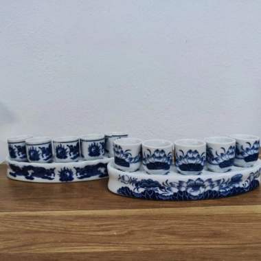 Bộ kỷ cong 5 chén Bát Tràng men lam họa rồng sen chén nước thờ cúng chỉ 50.000