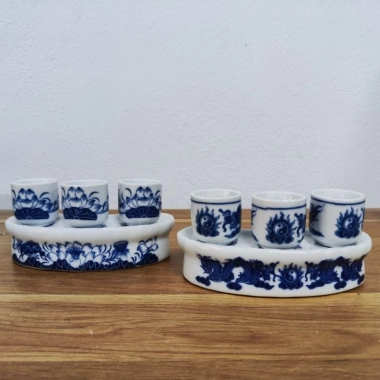 Bộ kỷ cong 5 chén Bát Tràng men lam họa rồng sen chén nước thờ cúng chỉ 50.000