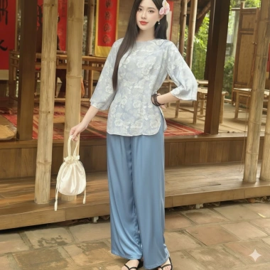 Bộ Lam Tết Đi Chùa 2.026 – Áo Gấm + Quần Lụa Latin Loại 1, Giảm Giá 226k 3