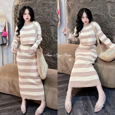 Bộ len sọc nữ croptop trễ vai + chân váy ôm dài - Giá ưu đãi 215k Thảo Ngọc Store