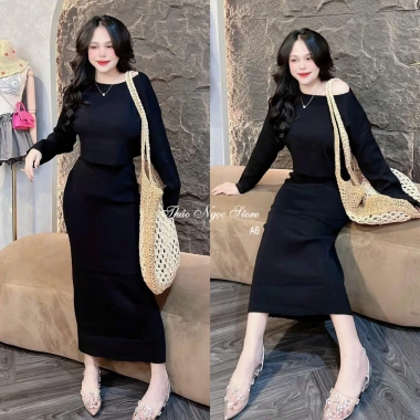 Bộ len sọc nữ croptop trễ vai + chân váy ôm dài - Giá ưu đãi 215k Thảo Ngọc Store