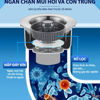 Bộ lọc rác bồn rửa bát inox 304 3 trong 1 – chống mùi, chặn côn trùng, nút chặn nước, khay lọc 3