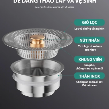 Bộ lọc rác bồn rửa bát inox 304 3 trong 1 – chống mùi, chặn côn trùng, nút chặn nước, khay lọc 8