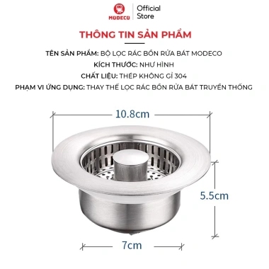 Bộ Lọc Rác Rửa Bát Modeco - Thép 304, Thoát Nước Nhanh, Chống Tắc, Ngăn Mùi Hôi, Côn Trùng 9