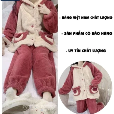 Bộ lông gấu dâu trắng đỏ - Mũ trùm đầu, tai gấu xinh, lông mềm mịn, giá ưu đãi 192k