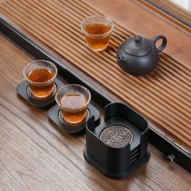 Bộ lót ly cao cấp kèm hộp đựng - Miếng lót chén trà phong cách Trung Hoa cổ điển, giảm giá 195.000 VND
