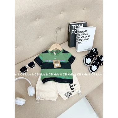 Bộ M17 bé trai áo cotton kẻ xanh lá phối kaki mềm 8-26kg - Giá 144.000đ (Giảm 16%)