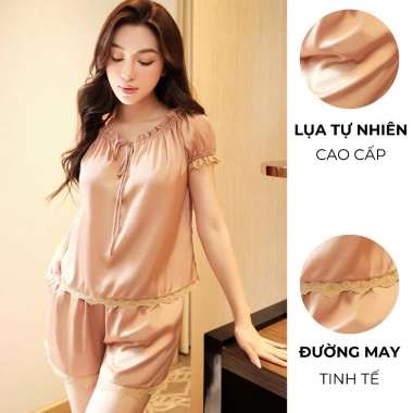 Bộ Mặc Nhà Nữ Lụa Cao Cấp BN465 – Áo Ngắn Tay, Quần Đùi Siêu Mát, Giá 580k