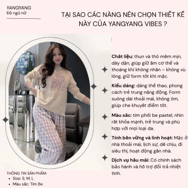 Bộ Mặc Nhà Nữ YangYang HCOM26.805 – Áo Thun Dài Tay In Chữ, Quần Suông Caro Thô, Chất Mềm Mịn, Giá 249.000₫