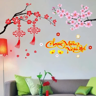 Bộ Miếng Dán Skin Trang Trí Tết 2.026 - Chữ Mừng Năm Mới, Hoa Đào, Linh Vật Năm Ngọ, Dán Tường Phòng Khách 120k