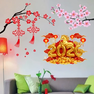 Bộ Miếng Dán Skin Trang Trí Tết 2.026 - Chữ Mừng Năm Mới, Hoa Đào, Linh Vật Năm Ngọ, Dán Tường Phòng Khách 120k