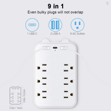 Bộ mở rộng 6 đầu vào 9 trong 1 chống sét, 2 USB và USB-C, ổ cắm văn phòng du lịch 4
