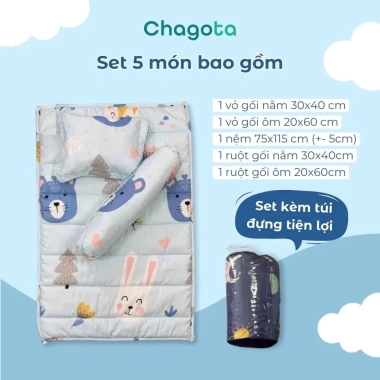 Bộ Nệm Nhà Trẻ 5 Món Rayon Microfiber Chagota Bóng Mịn Hiện Đại, Kèm Ruột Gối, Giá 400k