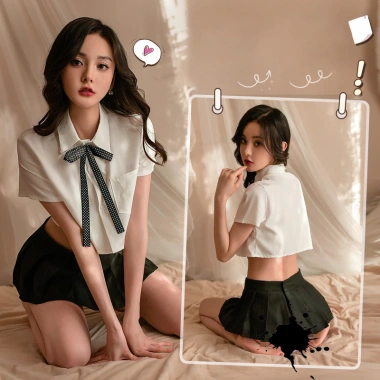 Bộ Ngủ Cosplay Nữ với gối cảm DN85 phong học sinh – Áo trắng, chân váy xếp ly, cà vạt nhỏ quyện rũ – 111.000₫