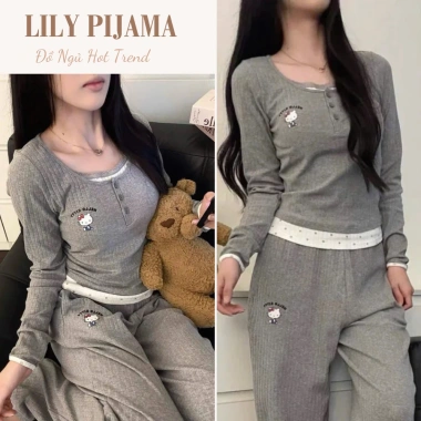 Bộ ngủ dài tay nữ Sweet Kitty, pijama thun gân thoáng mát, dễ thương, giá 248.170đ