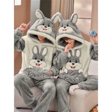 Bộ ngủ lông cừu 2 mặt mượt mà thêu thỏ Rabbit, mũ tai thỏ cute, lông gấu form rộng dài tay - SUBA, chỉ 78.000₫