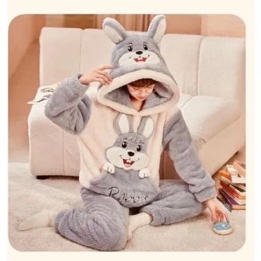 Bộ ngủ lông cừu 2 mặt mượt mà thêu thỏ Rabbit, mũ tai thỏ cute, lông gấu form rộng dài tay - SUBA, chỉ 78.000₫
