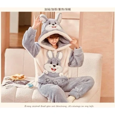Bộ ngủ lông cừu 2 mặt mượt mà thêu thỏ Rabbit, mũ tai thỏ cute, lông gấu form rộng dài tay - SUBA, chỉ 78.000₫