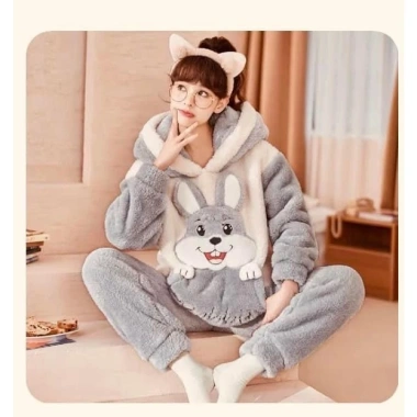 Bộ ngủ lông cừu 2 mặt mượt mà thêu thỏ Rabbit, mũ tai thỏ cute, lông gấu form rộng dài tay - SUBA, chỉ 78.000₫