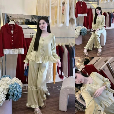 Bộ ngủ lụa LyLy cúc hoa hồng mềm mại, set dài tay thoải mái cho mặc nhà, dạo chơi, du lịch Giá chỉ 522.000₫